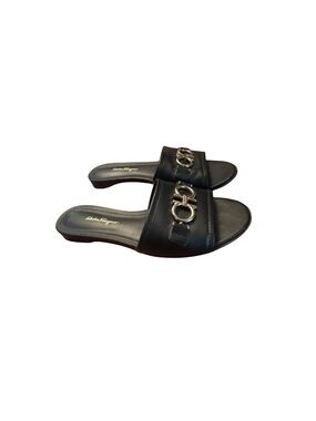 Ferragamo Flat Slides Black Gancini Ornament Women's Size 9